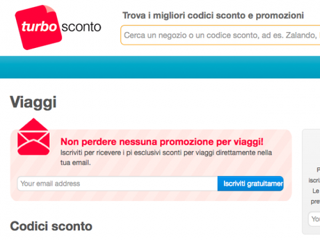 Parte TurboSconto:  codici sconto per portali online. E si risparmia anche sui viaggi!