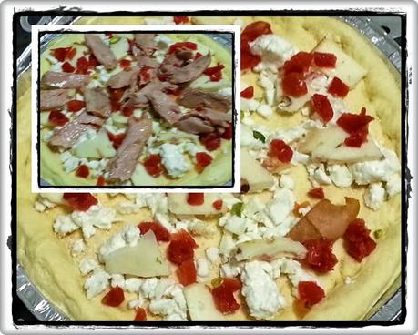 Pizza bianca con caciotta al pistacchio e ventresca di tonno