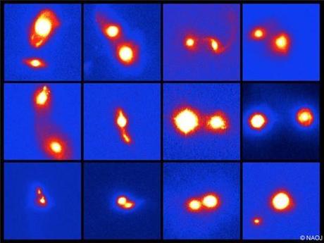 Esempi di immagini in banda K di galassie luminosse e ricche di gas che collidono. La dimensione dell'immagine è di 10 secondi d'arco. I singoli scatti mostrano chiaramente gli aspetti del processo di fusione, come ad esempio l'interazione dei due nuclei delle galassie. Crediti: Osservatorio astronomico del Giappone