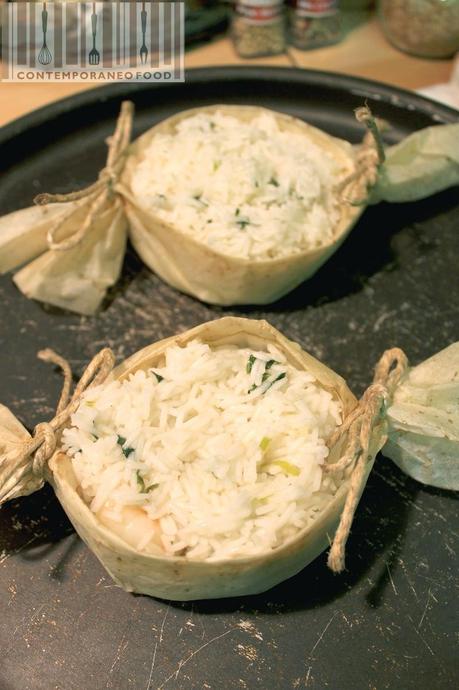 cestini di riso con gamberi melanzane mozzarella contemporaneo food1 Risotto di scampi al cartoccio con melanzane e mozzarella