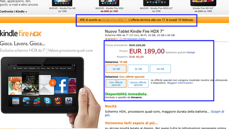 Offerta speciale: Amazon Kindle Fire HDX 7 in promozione a soli 189 euro (40 euro di sconto) fino al 10 febbraio