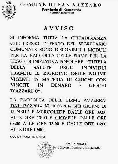 Comincia a San Nazzaro la raccolta firme per la legge di Iniziativa Popolare contro il gioco d'azzardo. A breve anche a San Martino Sannita