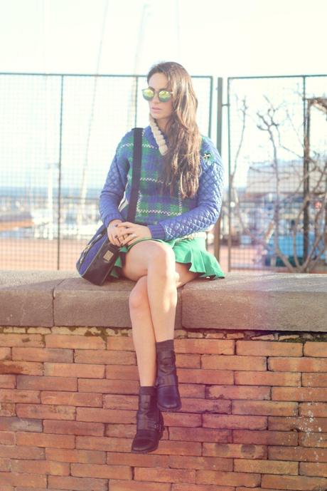 lovehandmade_fashion blog_barbara valentina grimaldi_preppy look for winter_fay total look_check pattern sweater_green pleated skirt_borsa fay nappe_cut out boots pimkie_mirrorshades zerouv_2014 winter OOTD
