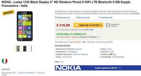 Offerta smartphone: Nokia Lumia 1320 a 316€ su Eprice!