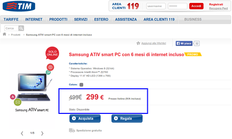 Promozione Samsung ATIV smart PC con 6 mesi di internet incluso a 299 euro