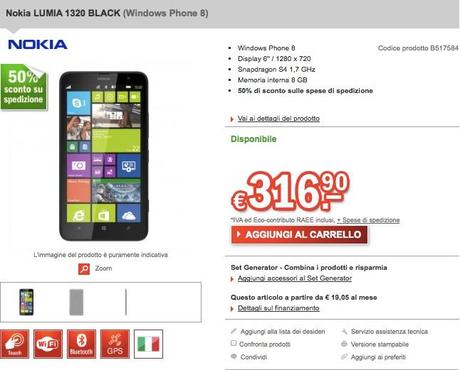 Offerta smartphone: Nokia Lumia 1320 a 316€ anche su Redcoon garanzia italiana