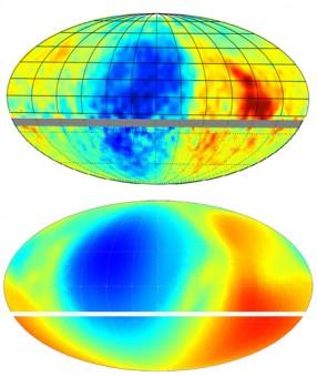 L’intensità dei raggi cosmici (in alto) messa a confronto con quanto predetto dai modelli che si basano sui dati di IBEX (in basso). La buona corrispondenza fra osservazioni e previsioni, evidenziata dal colore delle diverse regioni, avvalora la stima di IBEX della direzione locale del campo magnetico galattico. Crediti: Nathan Schwadron, UNH-EOS.