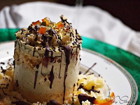 Tortino riciclato al pistacchio, cioccolato e arance candite