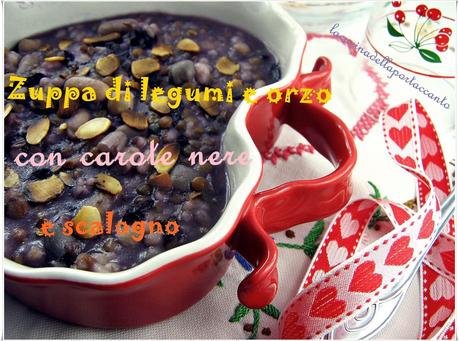 Zuppa di legumi e orzo con carote nere e scalogno