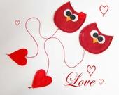 segnalibro gufi in feltro,san valentino,amore,lui lei,cuore,rosso, fatto a mano
