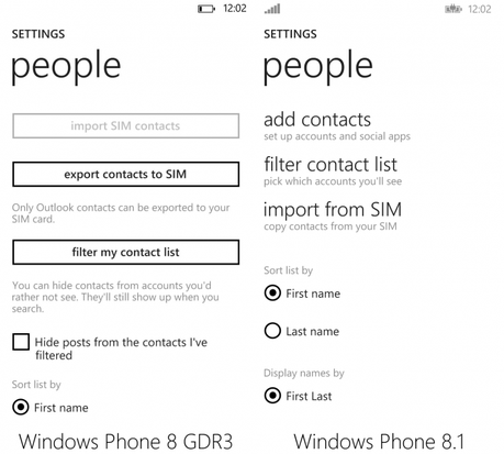 People Hub Settings Confronto con foto e differenze tra Windows Phone 8.1e Windows Phone 8