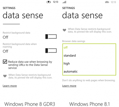 Data Sense Settings Confronto con foto e differenze tra Windows Phone 8.1e Windows Phone 8