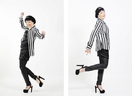 Smilingischic-nara-camicie, fashion blog, shooting per Nara camicie , Bonjour... I LOVE stripes and you?, strips, black and white, sorriso, basco con scritta bonjour 