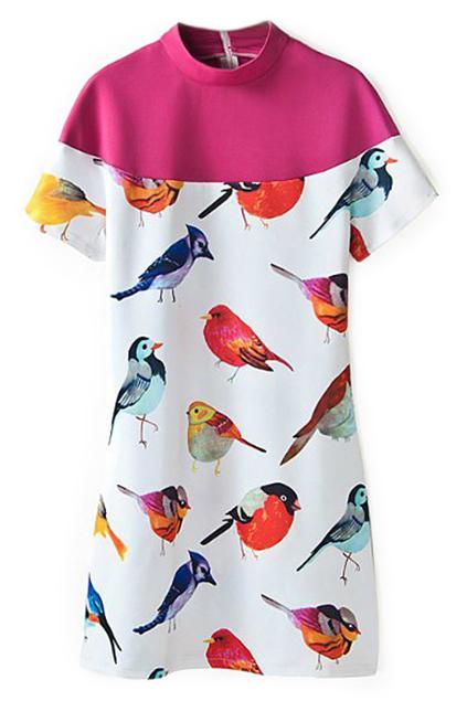 ROMWE Band Collar Colorful Bird Print Shift Dress