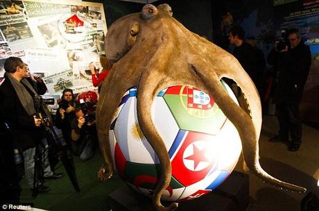 Paul the Octopus's monument is unveiled at the Sea Life aquarium in Oberhausen today