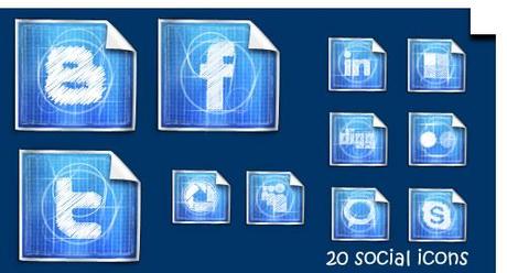 20 icone social network effetto foglio di carta