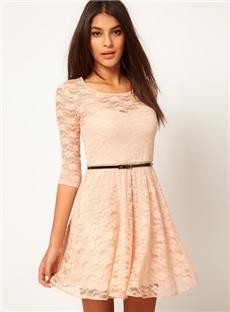 Attractive Slim Half Sleeves with Belt Lace Dress