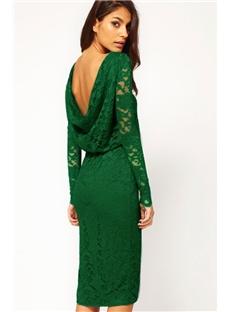 Green Midi Dress in Lace with Cowl Back and Split Sexy Sheath Dress