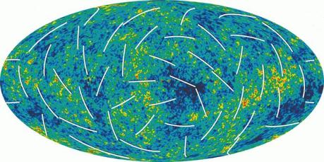 In questa mappa della radiazione di fondo cosmico, le barre bianche indicano la direzione della polarizzazione della luce più antica nell’universo. Crediti: NASA/WMAP Science Team