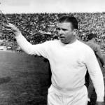 14th, May, 1965, Ferenc Puskas of Real Madrid, pictured throwing flowers to fans prior to the AEK Athens v Real Madrid game in Athens, The match finished in a 3-3 draw