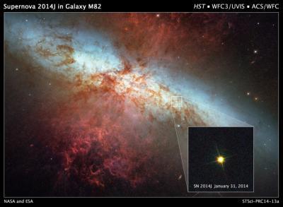 Immagine composita scattata dal telescopio di NASA/ESA Hubble: si vede la l'esplosione della supernova SN 2014J nella galassia M82. Scattata lo scorso 31 gennaio, l'immagine mostra, nel riquadro, anche la supernova nel 2006. Crediti: NASA, ESA, A. Goobar (Stockholm University), and the Hubble Heritage Team (STScI/AURA)