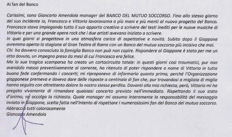 Il manager del BANCO scrive ai sostenitori...