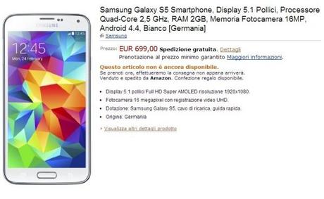 samsung galaxy s5 amazon italia 600x370 Samsung Galaxy S5 In Preordine A 699 Euro news  smartphone android samsung galaxy s5 Galaxy S5 