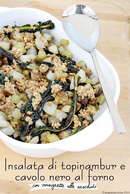 Insalata di topinambur e cavolo nero al forno con vinaigrette alle arachidi