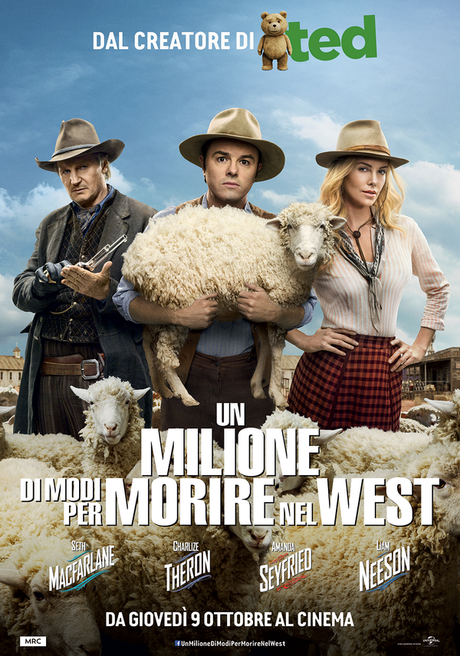 Seth MacFarlane, Liam Neeson, Charlize Theron e tante pecore nel poster italiano di Un Milione di Modi per Morire nel West