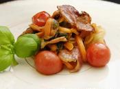 ricette molluschi: Cozze pancetta stufata, zenzero, pesto capperi pomodorini