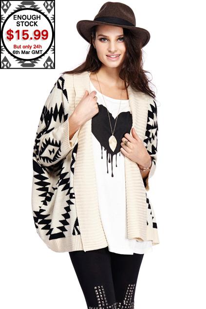 Romwe Off-white Aztec Tribal Cardigan.$15.99 on 6th March only!