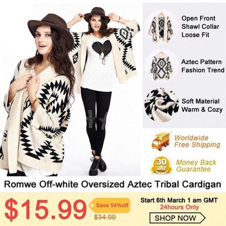 Romwe Off-white Aztec Tribal Cardigan.$15.99 on 6th March only!