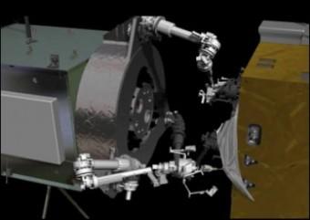 Elaborazione artistica di un robot che rifornisce un satellite. Crediti: NASA