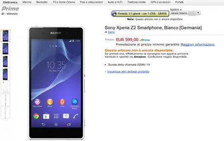 Sony Xperia Z2 Smartphone Bianco Germania Amazon.it Elettronica 600x377 Sony Xperia Z2 già prenotabile su Amazon a 599 euro smartphone  Sony Xperia Z2 