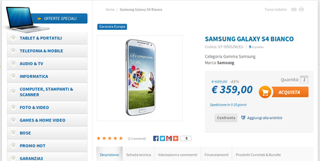 Offerta speciale Samsung Galaxy S4: disponibile a soli 359 euro