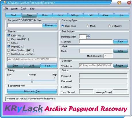 2334f2cf6fc0a0e791329c36edd5f1c10e3 1krylack archive password recovery screenshot 540x484 KRyLack Archive Password Recovery 3.53: Recuperare e trovare la Password di file ZIP, RAR e altri archivi compressi [Windows App]