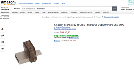 Kingston MicroDuo OTG 16 GB USB 2.0 micro USB OTG Amazon.it Informatica 600x314 Kingston MicroDuo OTG 16 GB ora disponibile su Amazon news  usb otg kingston 