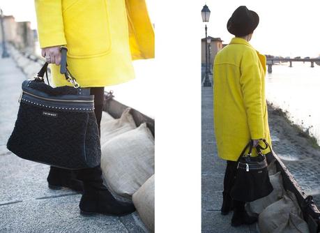 Smilingischic, fashion blog, yellow coat, sunset, Pisa , outfit, dettagli borsa , Twin set,  Quid, Accessori, 