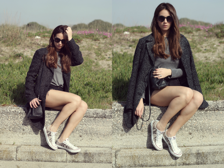 lovehandmade fashion blog_barbara valentina grimaldi real butterfly medallion_open back shirt_high waist bershka shorts_customized sneakers_cappotto amy gee_secchiello furla_customized sneakers converse_opsobjects cover_leather sunglasses