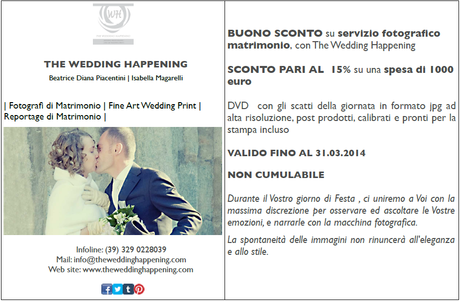 The Wedding Happening, studio fotografico a Milano, offre il 15% di Sconto su almeno 1000,00€ di spesa.