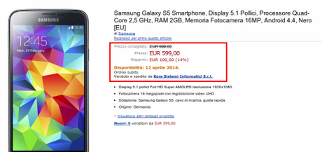 Samsung Galaxy S5 già disponibile a 599 euro