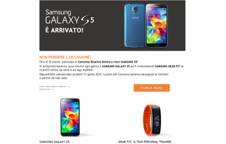 Promozione Ricarica Online e Vinci Galaxy s5 in Anteprima e Gear Fit   Wind