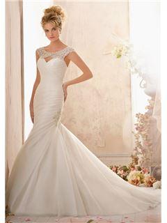 Latest Mermaid Scoop Appliques Beading Floor-Length Court Train Charming Wedding Dress