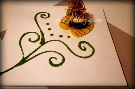 TURBANTE DI BRANZINO SU PATATA GRIGLIATA CON CHIFFONADE DI BUCCE DI PATATE E CREMA DI BIETOLE