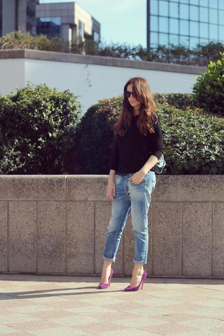 OOTD_barbara valentina grimaldi_lovehandmade_italian fashion blog_boyfriend jeans meltinpot_casadei purple shoes_leather shades_animalier kipling backpack_zara black sweater_ring party accessorize_knuckle ring