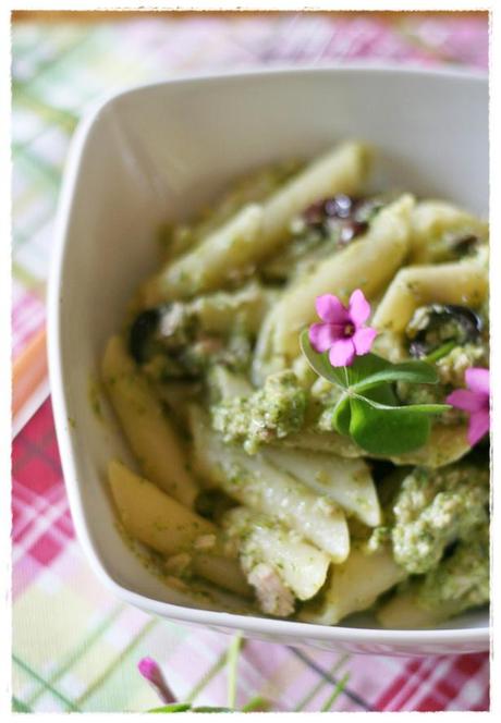 Penne con crema di zucchine all'acetosella, tonno e olive