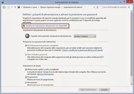 modifica impostazioni attualmente non disponibili Eliminare e rimuovere la password dopo la sospensione (standby) in Windows 8 e Windows 8.1