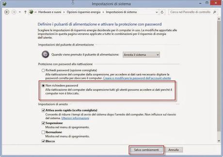 non richiedere password alla riattivazione Eliminare e rimuovere la password dopo la sospensione (standby) in Windows 8 e Windows 8.1