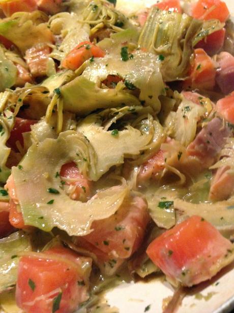 SPEZZATINO DI SALMONE CARCIOFI E MAZZANCOLLE