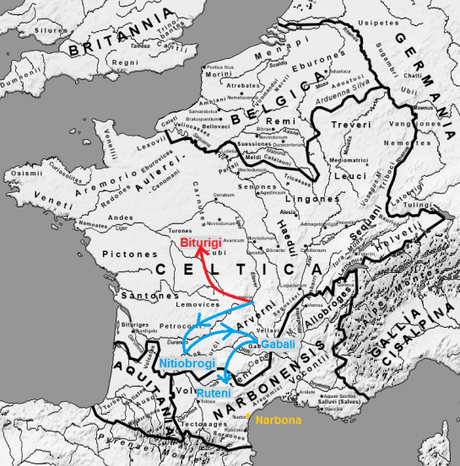 Altra cartina OGM. In realtà Cesare non dice se Lucterio, capo della spedizione a sud, abbia fatto quel viaggio tutto curve. Certo è che sia stato presso tutti quei popoli.